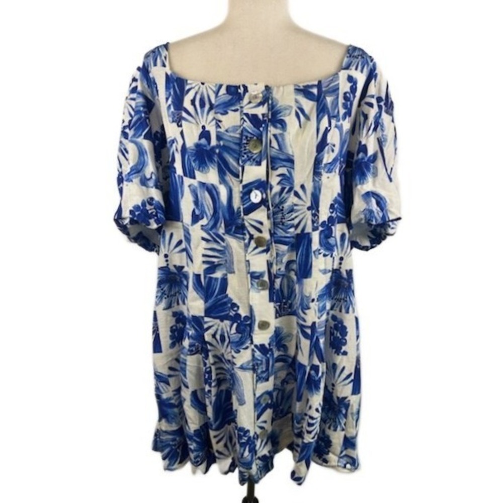 FARM Rio Blue and White Floral Button Front Puff Sleeve Dress - Picture 4 of 8
